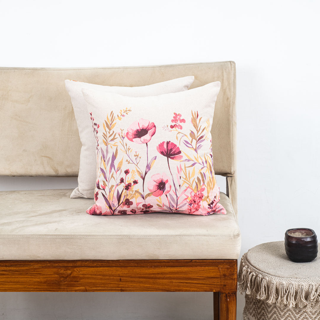 Blush Meadow Floral Cotton Cushion Cover – 16×16″ | Design 3