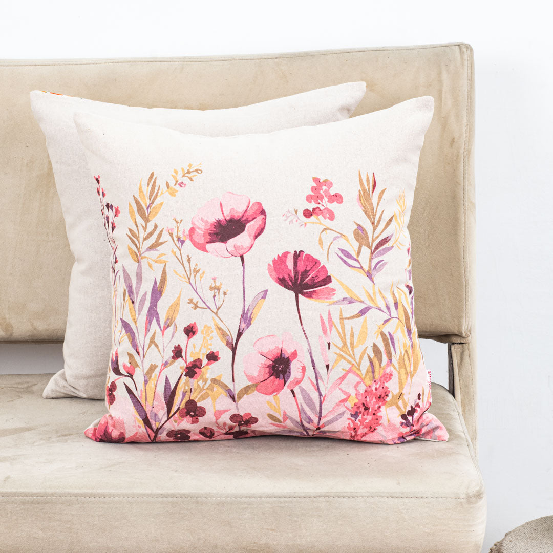 Blush Meadow Floral Cotton Cushion Cover – 16×16″ | Design 3
