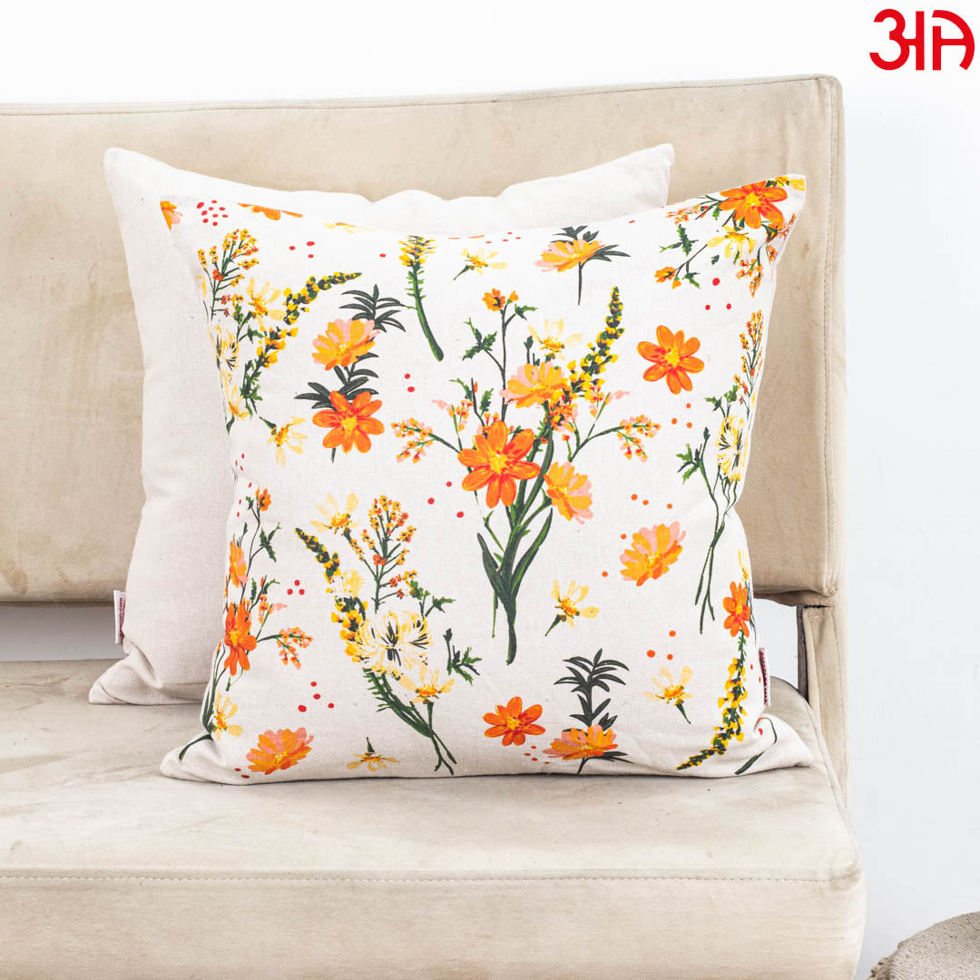 Golden Meadow Floral Cotton Cushion Cover – 16×16″ | Design 4