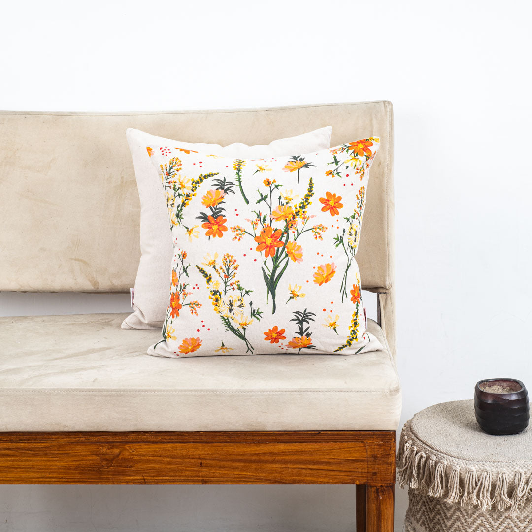 Golden Meadow Floral Cotton Cushion Cover – 16×16″ | Design 4