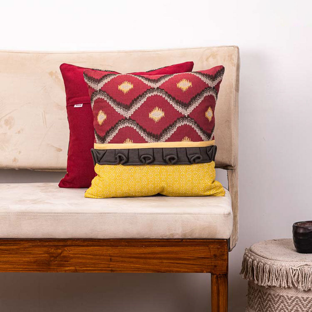 Bohemian Ikat Pattern Cotton Cushion Cover in Maroon and Yellow (16x16&quot;)