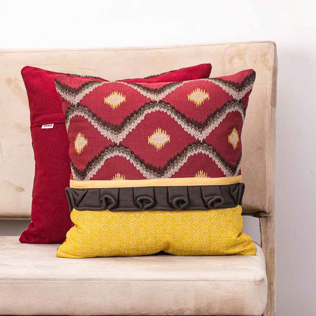 Bohemian Ikat Pattern Cotton Cushion Cover in Maroon and Yellow (16x16&quot;)