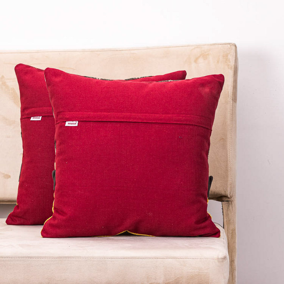 Bohemian Ikat Pattern Cotton Cushion Cover in Maroon and Yellow (16x16&quot;)