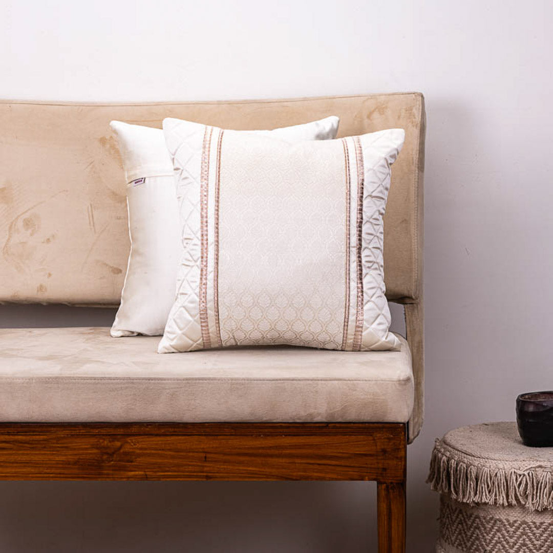 Luxury Cream Satin 16x16 Cushion Cover with Central Jacquard Panel