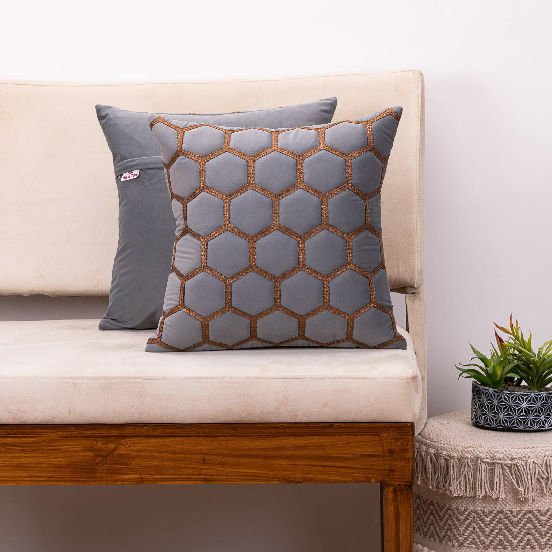 “Hexa-Stitch Grey Velvet Cushion Cover – 16x16 Inch Stylish Home Décor”