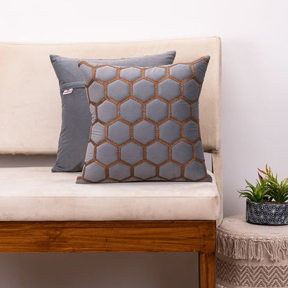 “Hexa-Stitch Grey Velvet Cushion Cover – 16x16 Inch Stylish Home Décor”