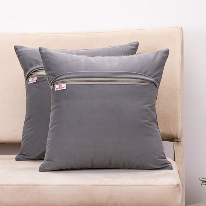“Hexa-Stitch Grey Velvet Cushion Cover – 16x16 Inch Stylish Home Décor”