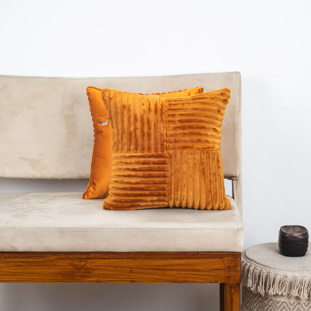 Premium Panelled China Velvet Cushion – Mustard – 16×16″