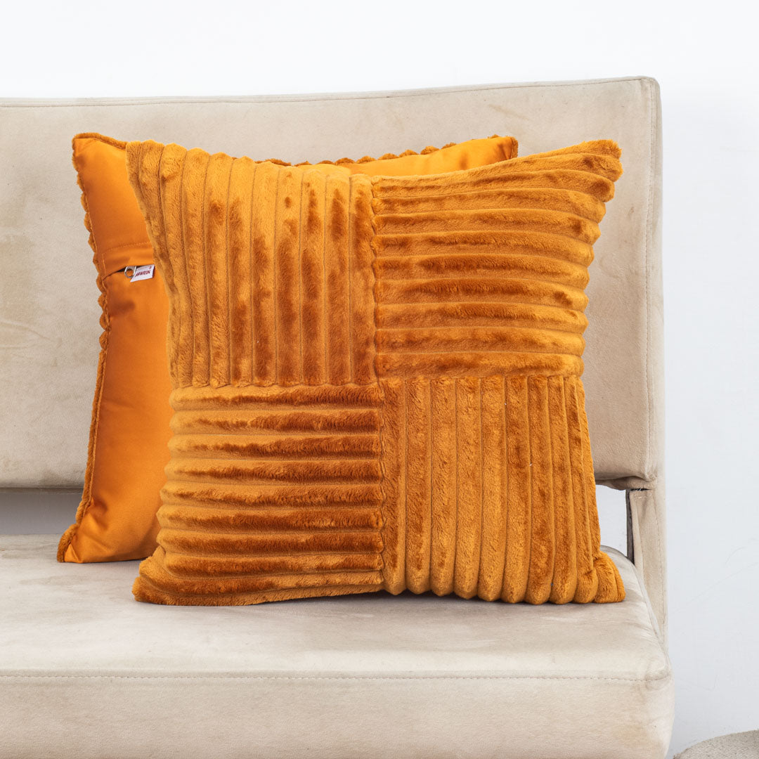 Premium Panelled China Velvet Cushion – Mustard – 16×16″