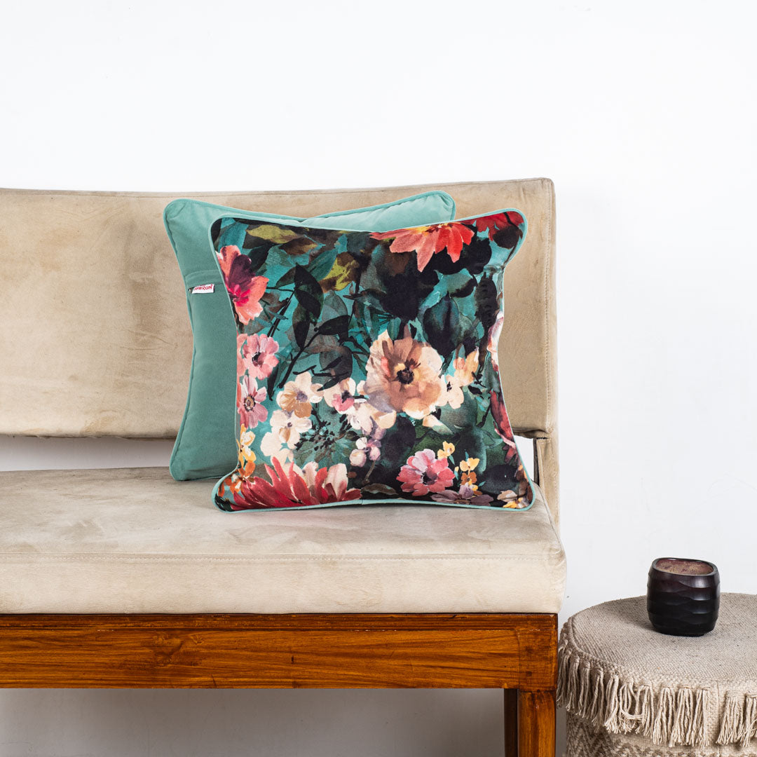 Botanical Bloom Velvet Cushion Cover – 16×16″