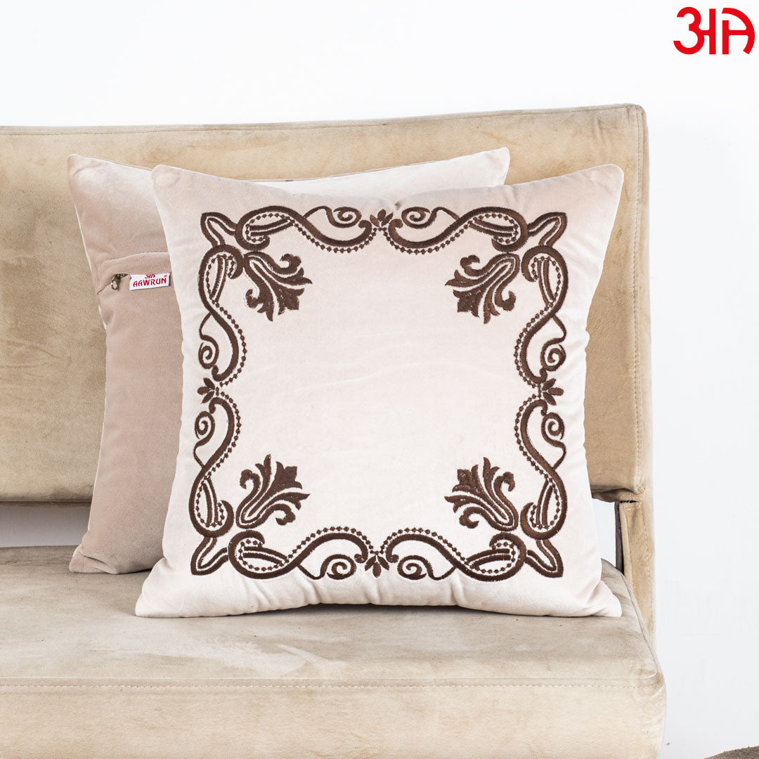 Heritage Frame Embroidered Velvet Cushion Cover – 16×16″ (Off-White)
