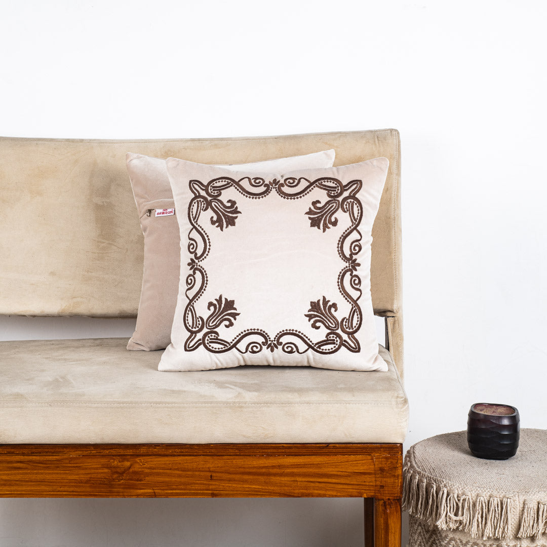Heritage Frame Embroidered Velvet Cushion Cover – 16×16″ (Off-White)