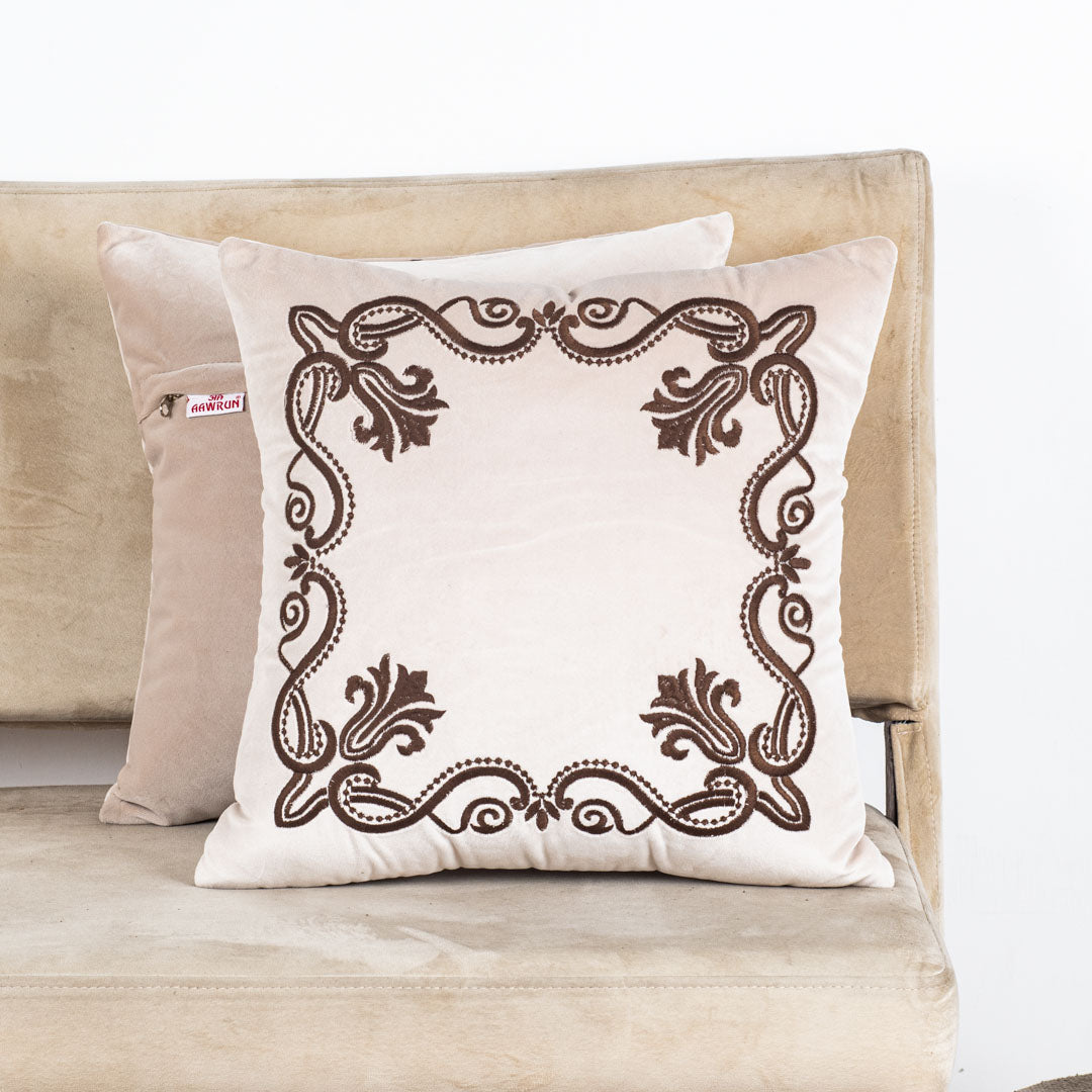 Heritage Frame Embroidered Velvet Cushion Cover – 16×16″ (Off-White)