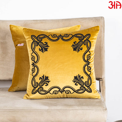 Yellow Heritage Frame Embroidered Velvet Cushion Cover – 16×16″