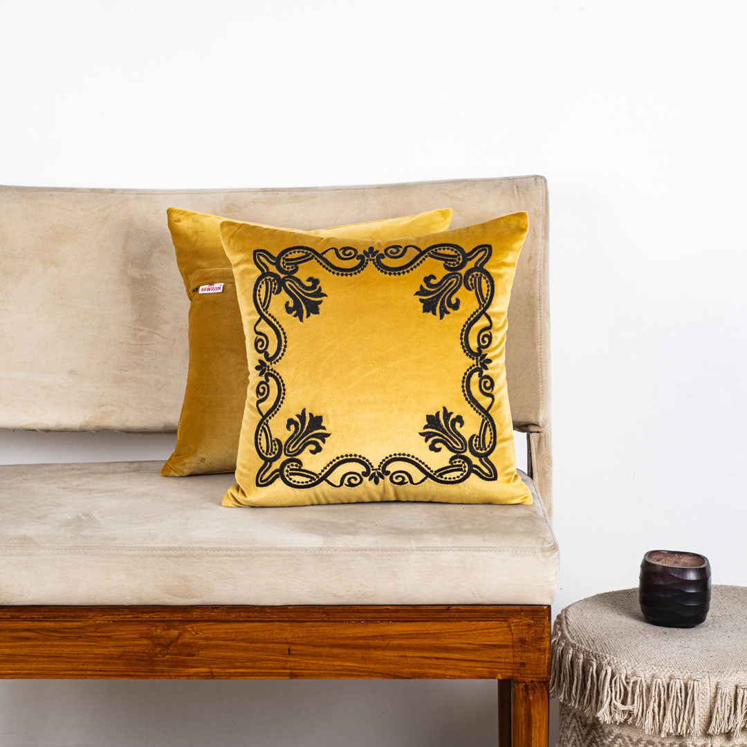 Yellow Heritage Frame Embroidered Velvet Cushion Cover – 16×16″