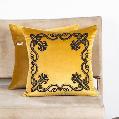 Yellow Heritage Frame Embroidered Velvet Cushion Cover – 16×16″