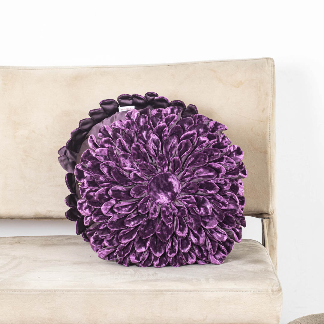 Purple Floral Velvet Round Cushion Cover