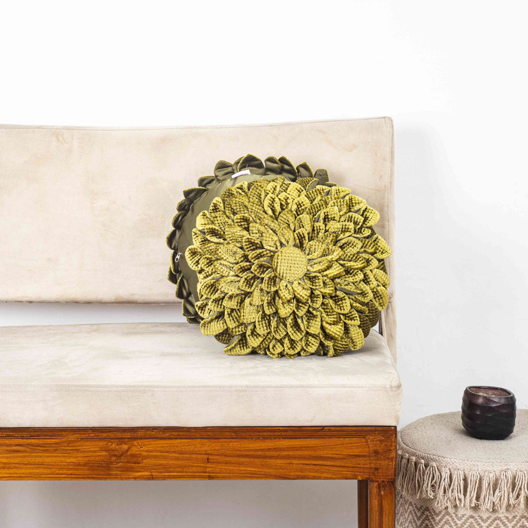 Olive Green Floral Velvet Round Cushion Cover