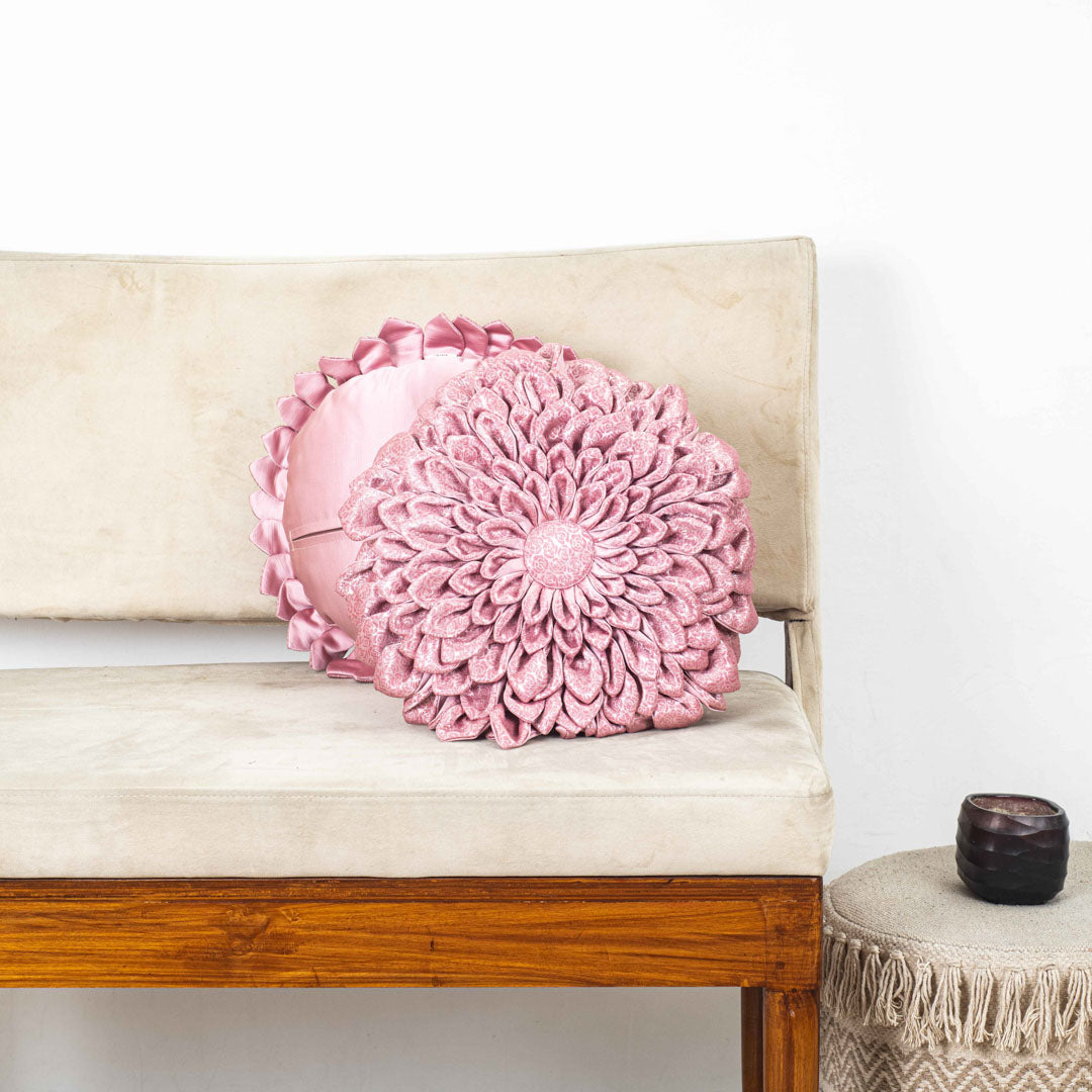 Pink Floral Velvet Round Cushion Cover