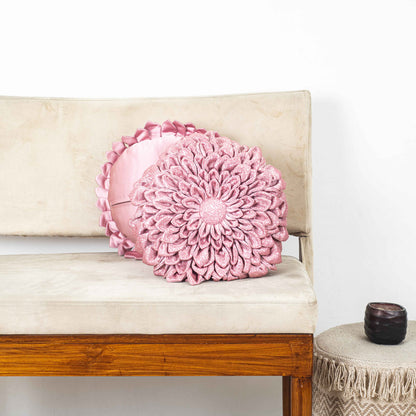 Pink Floral Velvet Round Cushion Cover