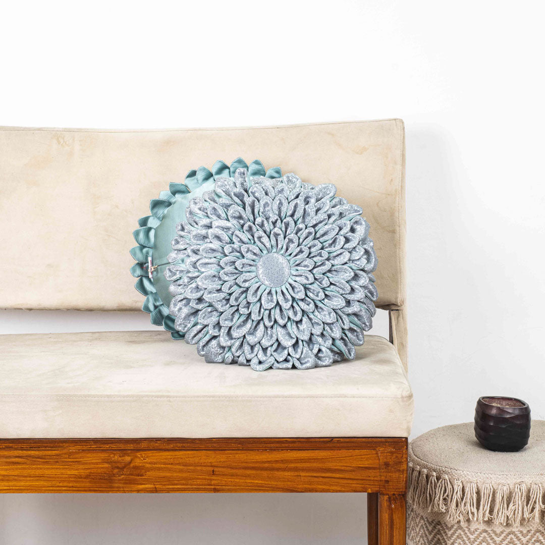 Light Blue Floral Velvet Round Cushion Cover