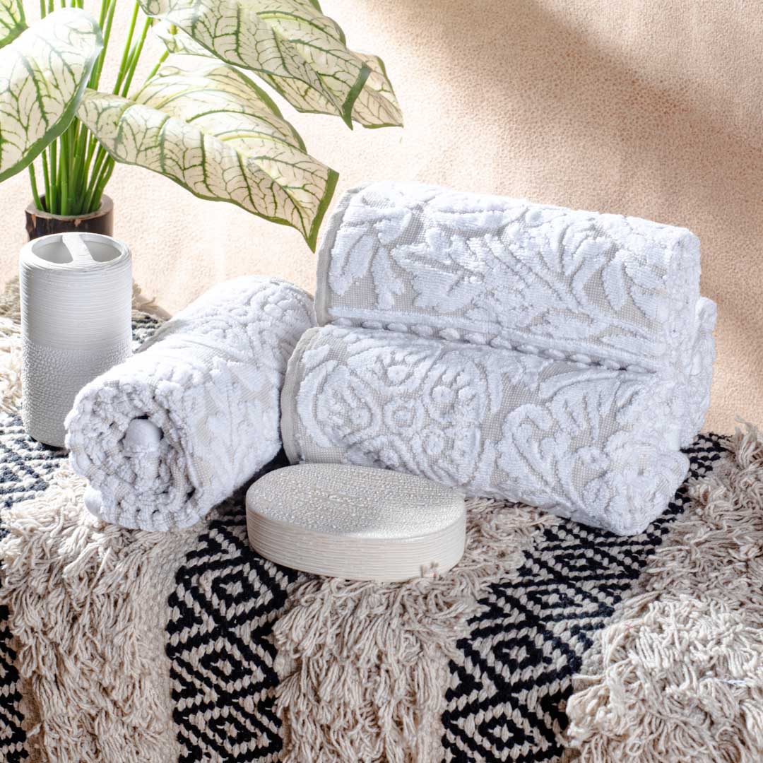 Ivory Embossed Floral Cotton Towel – 42 × 75 cm-DGN-9