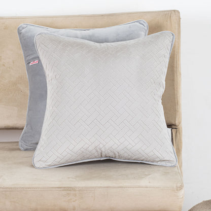 Soft Grey Herringbone Stitch Velvet Cushion – 16 × 16 in
