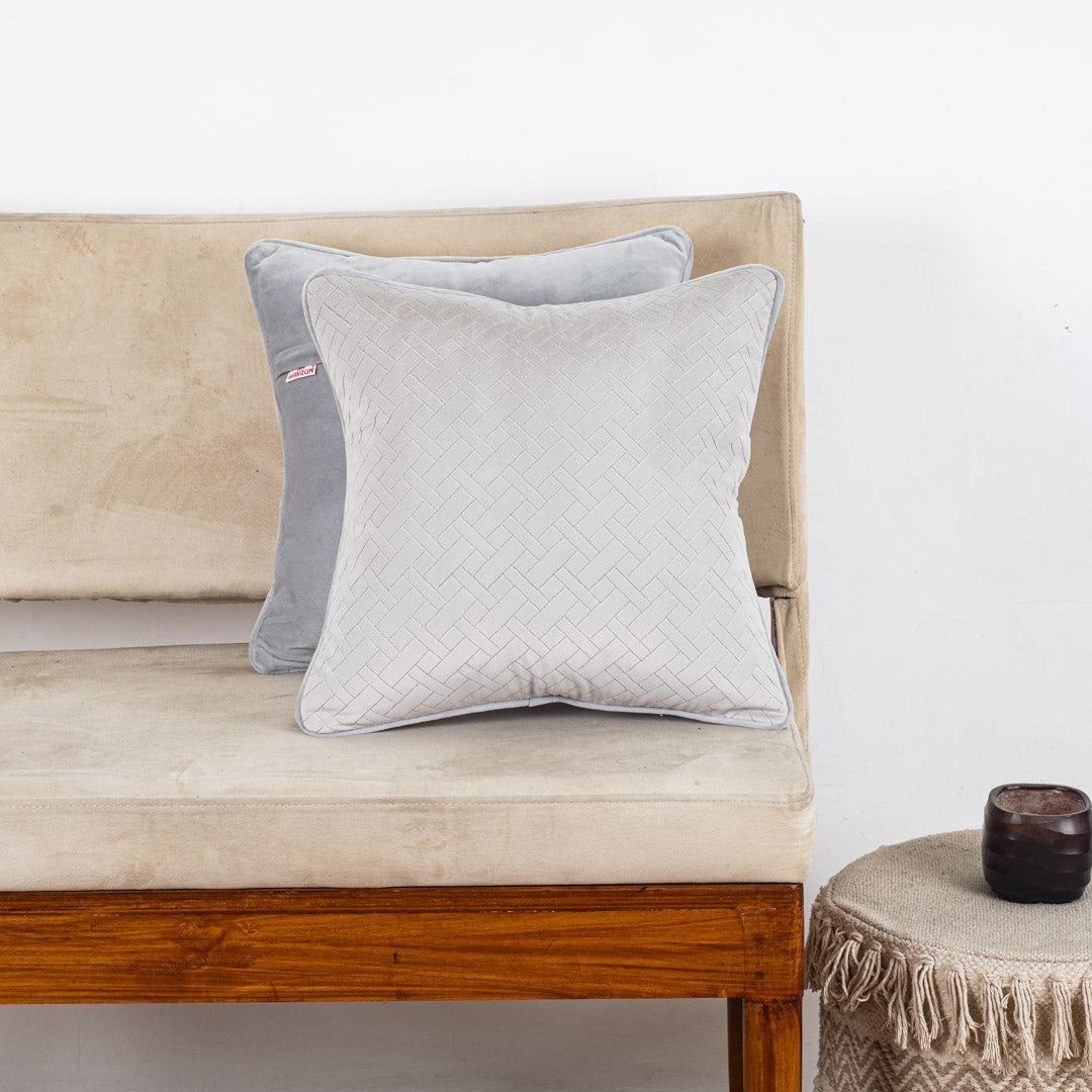 Soft Grey Herringbone Stitch Velvet Cushion – 16 × 16 in
