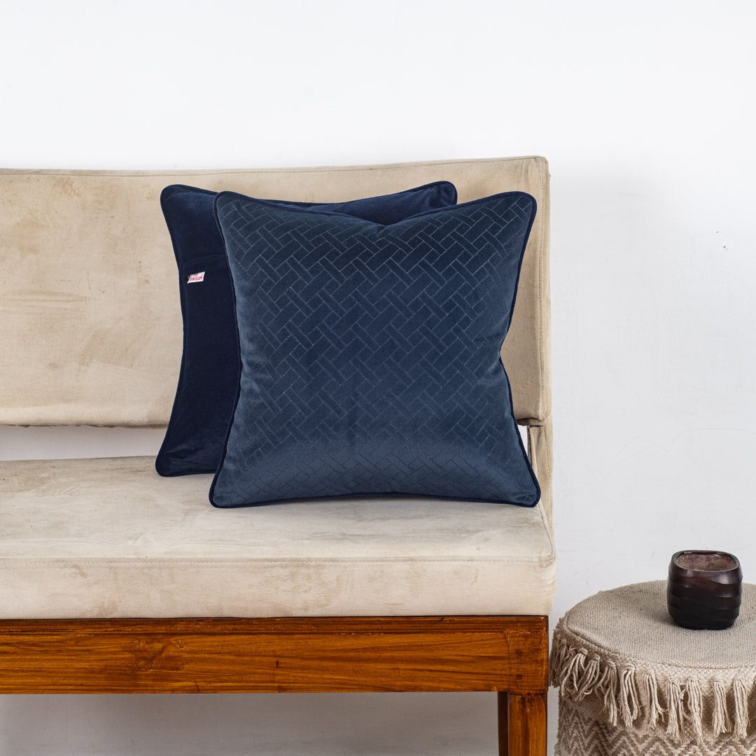 Navy Blue Chevron Weave Velvet Cushion – 16 × 16 in