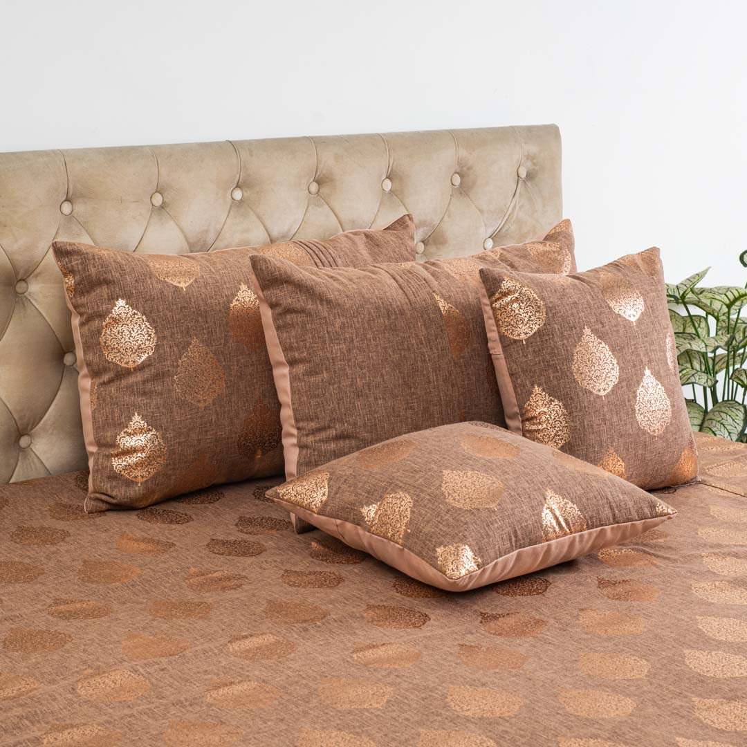 Brown &amp; Copper Floral Motif Polyester Jacquard Bedspread – 100 x 108 Inch