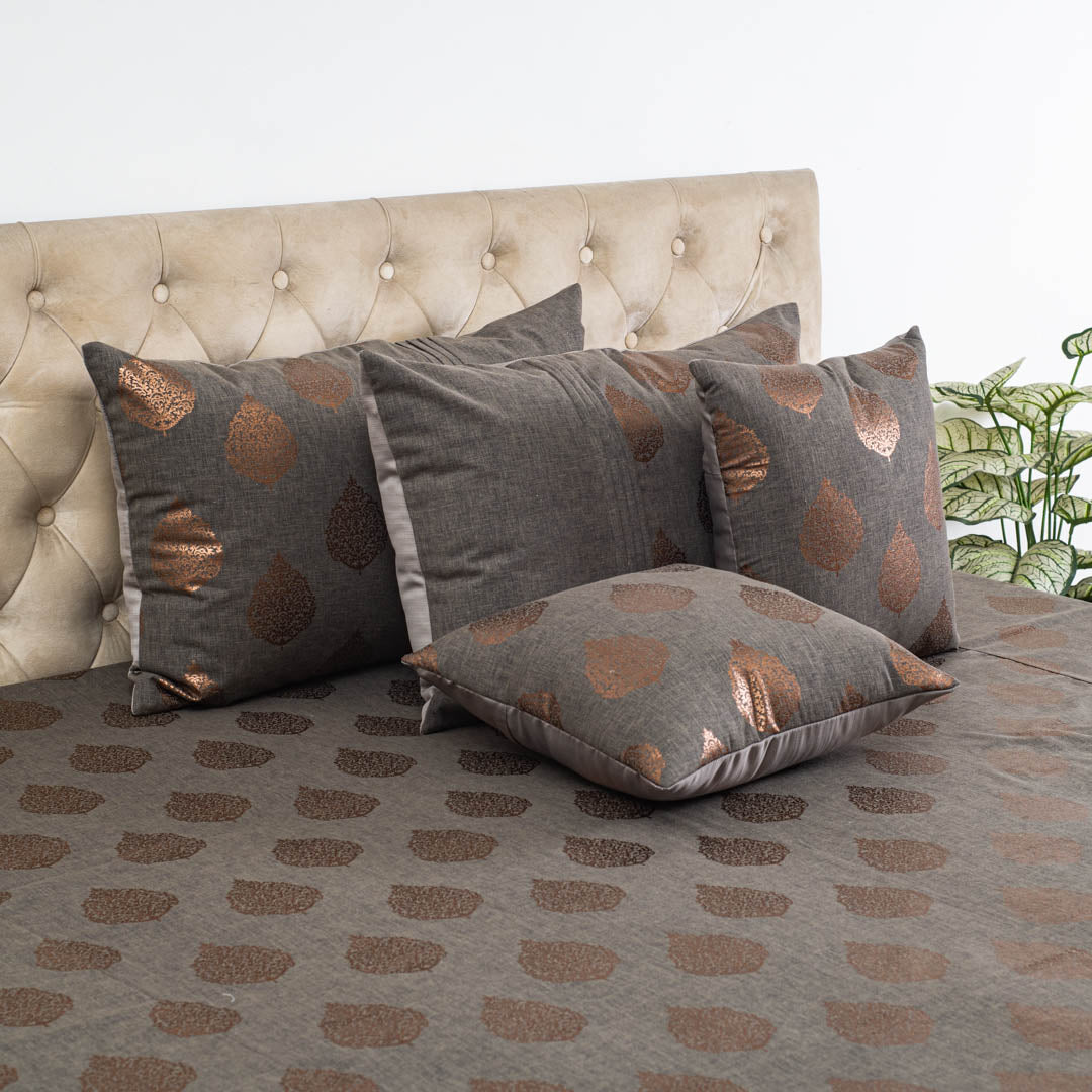 Grey &amp; Copper Floral Motif Polyester Jacquard Bedspread – 100 x 108 Inch