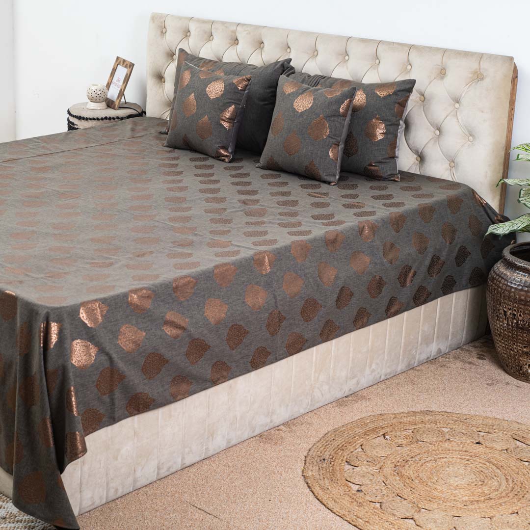 Grey &amp; Copper Floral Motif Polyester Jacquard Bedspread – 100 x 108 Inch