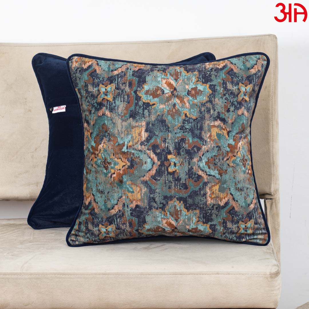 Antique Teal Medallion Velvet Cushion – 16 × 16 in Dgn-27