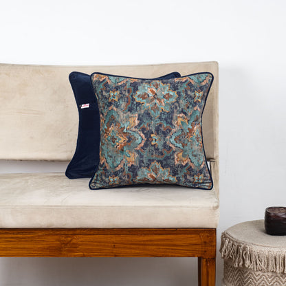 Antique Teal Medallion Velvet Cushion – 16 × 16 in Dgn-27