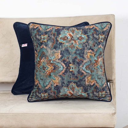 Antique Teal Medallion Velvet Cushion – 16 × 16 in Dgn-27