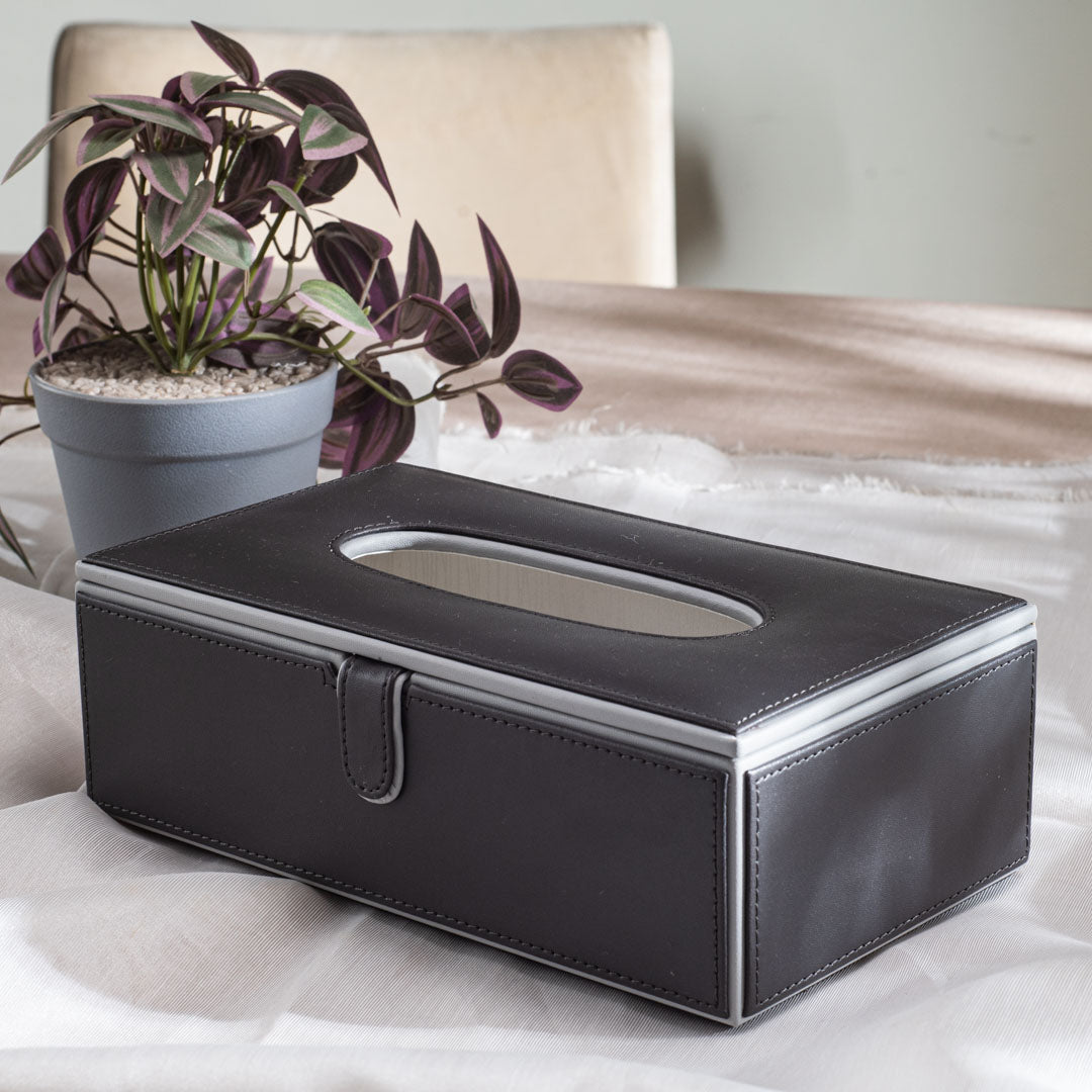 Black Vegan Leather Tissue Box Holder – 24 × 14 × 8 cm