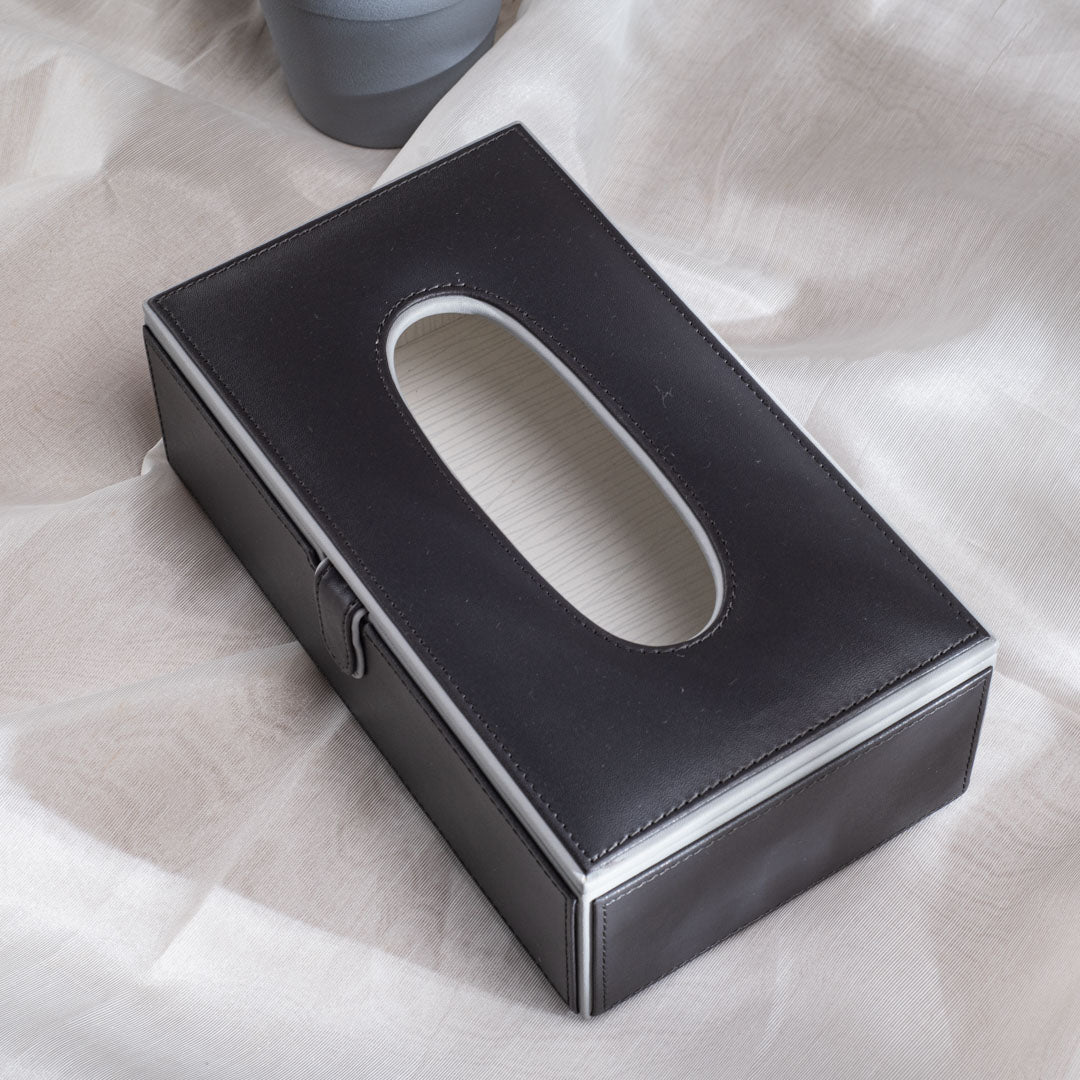 Black Vegan Leather Tissue Box Holder – 24 × 14 × 8 cm