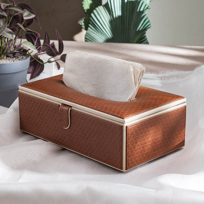 Brown Textured Vegan Leather Tissue Box Holder – 24 × 14 × 8 cm
