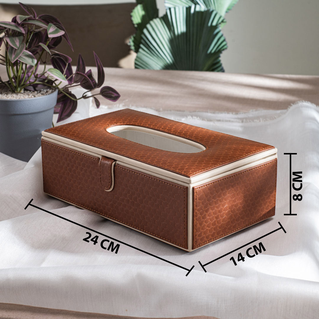 Brown Textured Vegan Leather Tissue Box Holder – 24 × 14 × 8 cm
