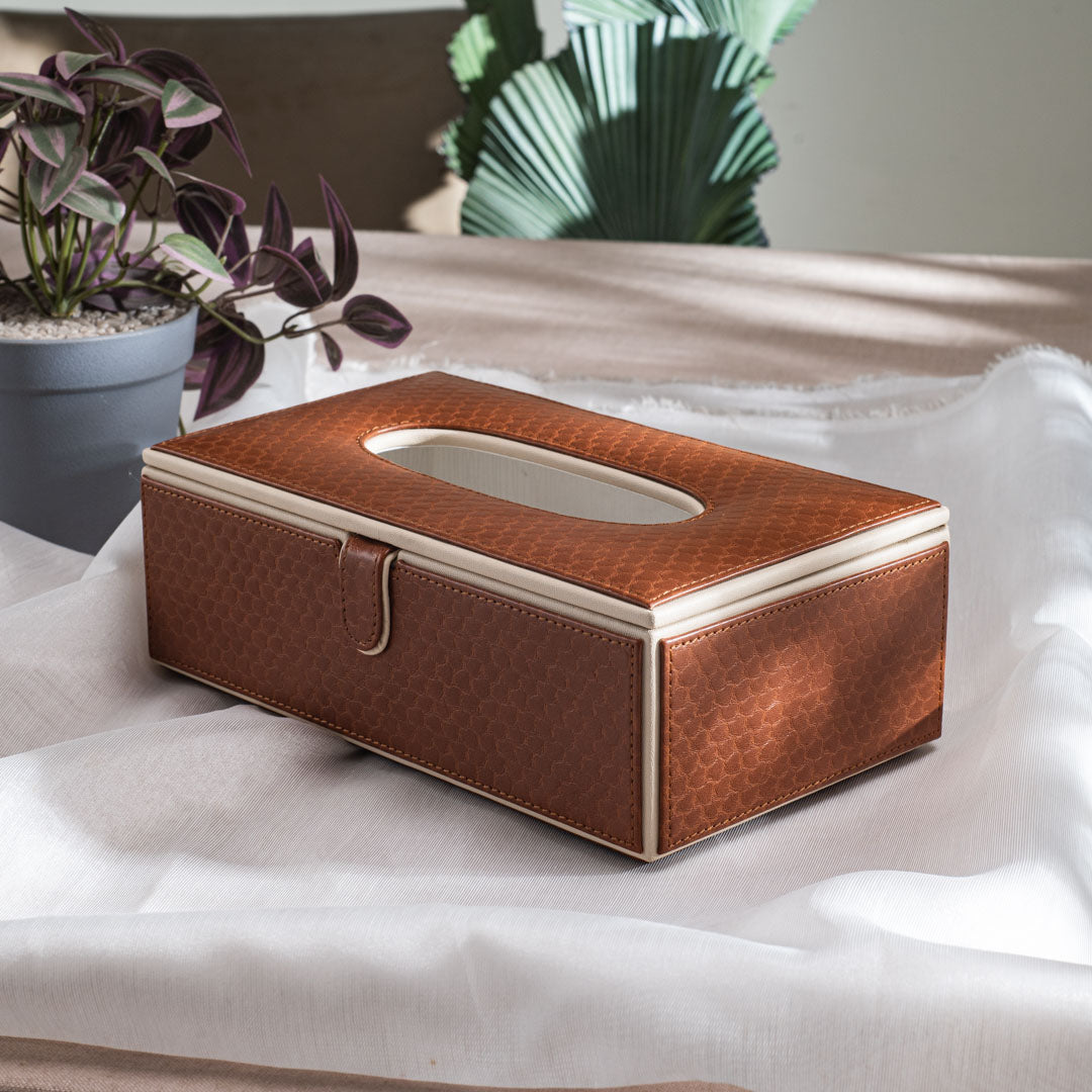Brown Textured Vegan Leather Tissue Box Holder – 24 × 14 × 8 cm