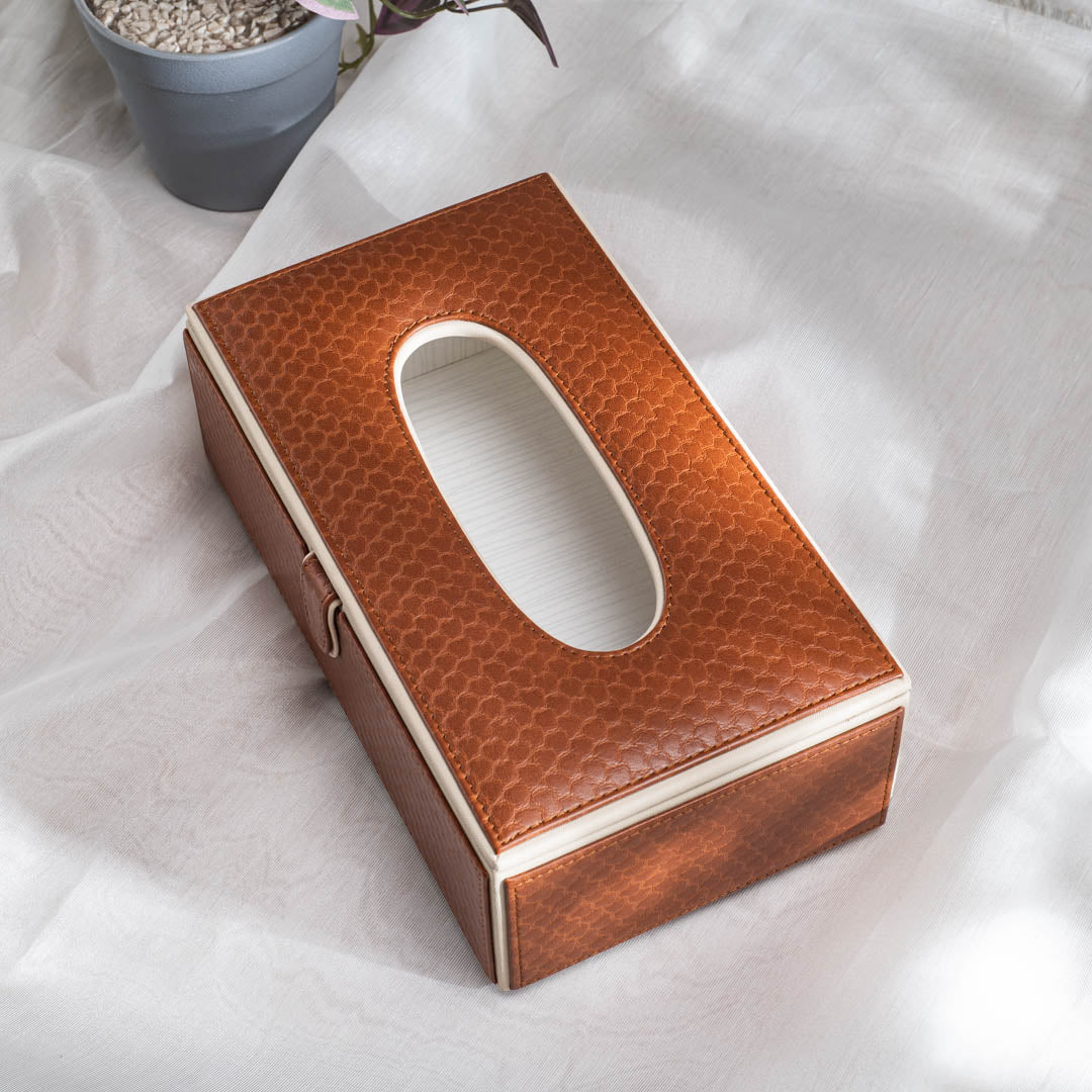 Brown Textured Vegan Leather Tissue Box Holder – 24 × 14 × 8 cm