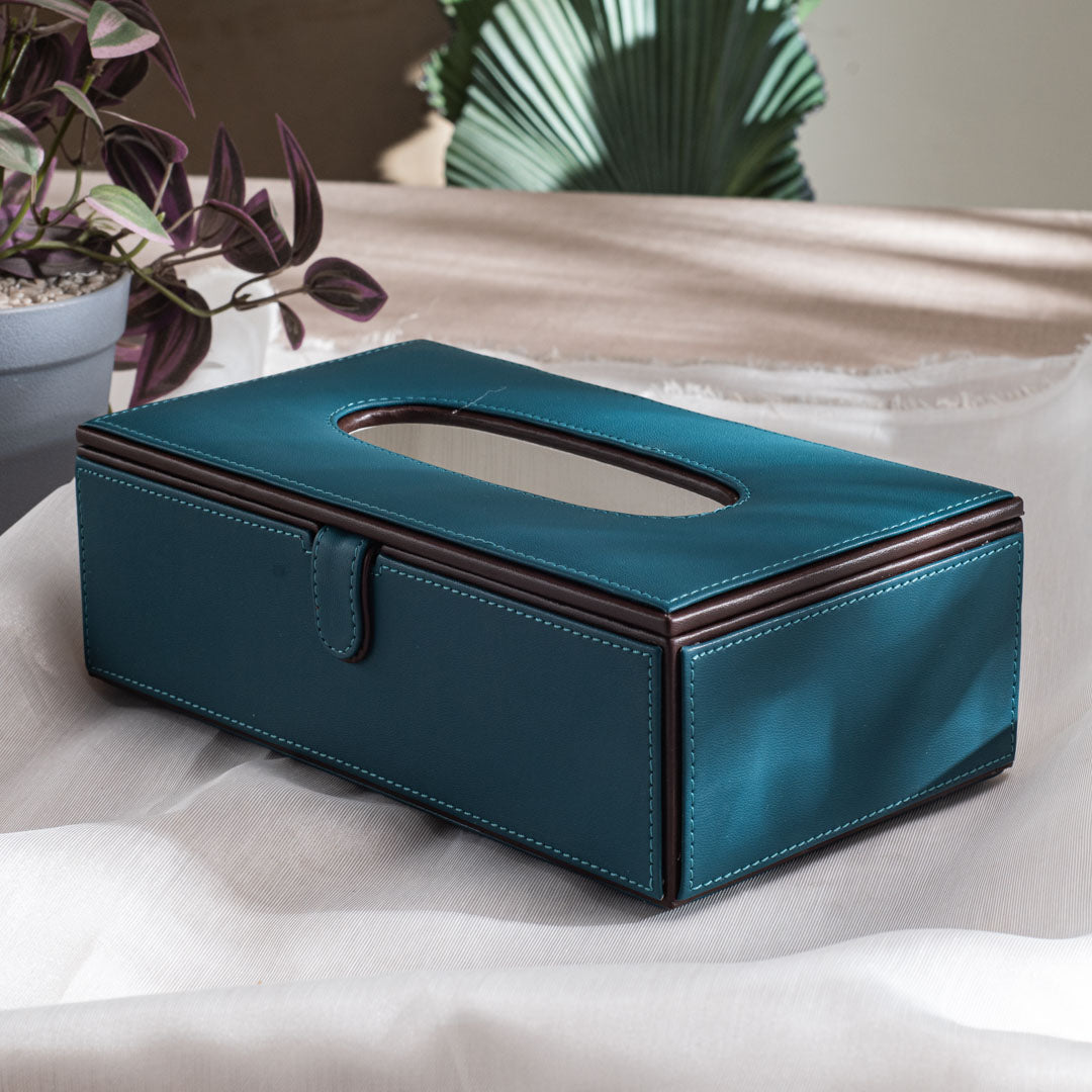 Teal Vegan Leather Tissue Box Holder – 24 × 14 × 8 cm