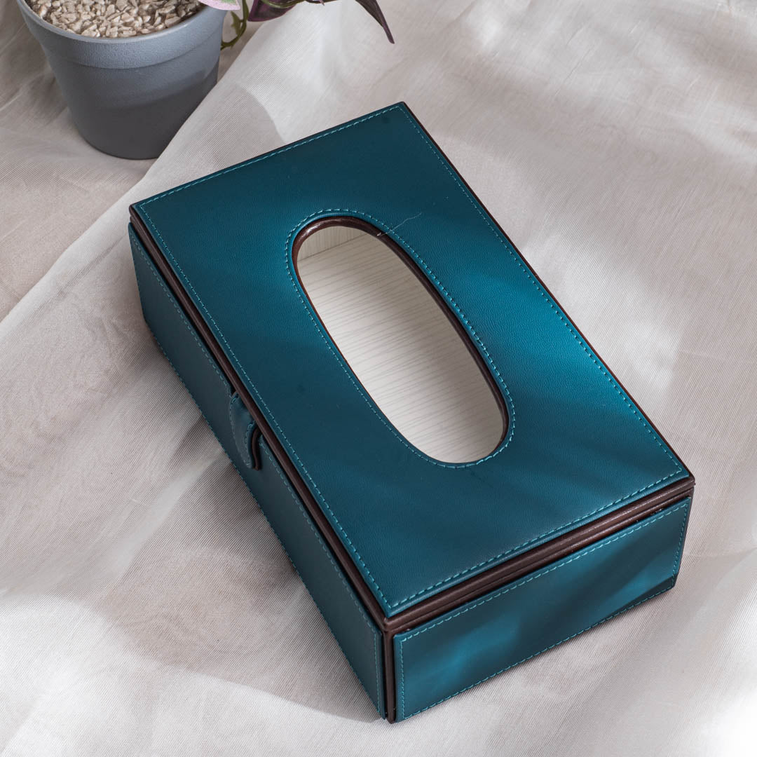 Teal Vegan Leather Tissue Box Holder – 24 × 14 × 8 cm