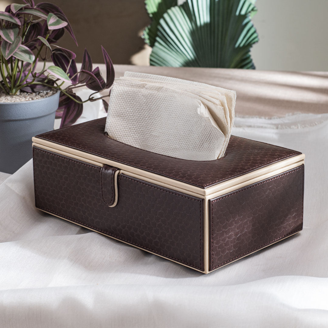 Dark Brown Vegan Leather Tissue Box Holder – 24 × 14 × 8 cm