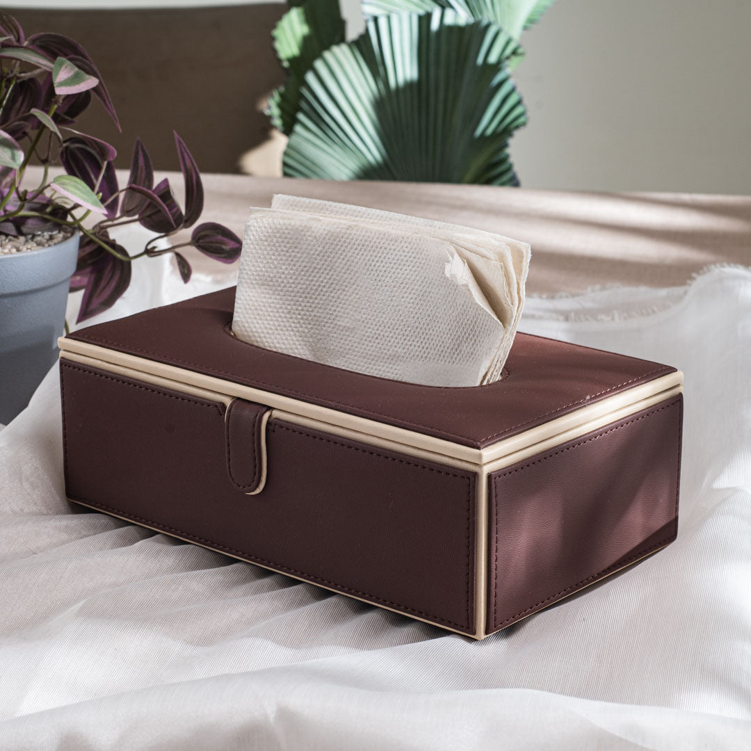 Brown Vegan Leather Tissue Box Holder – 24 × 14 × 8 cm
