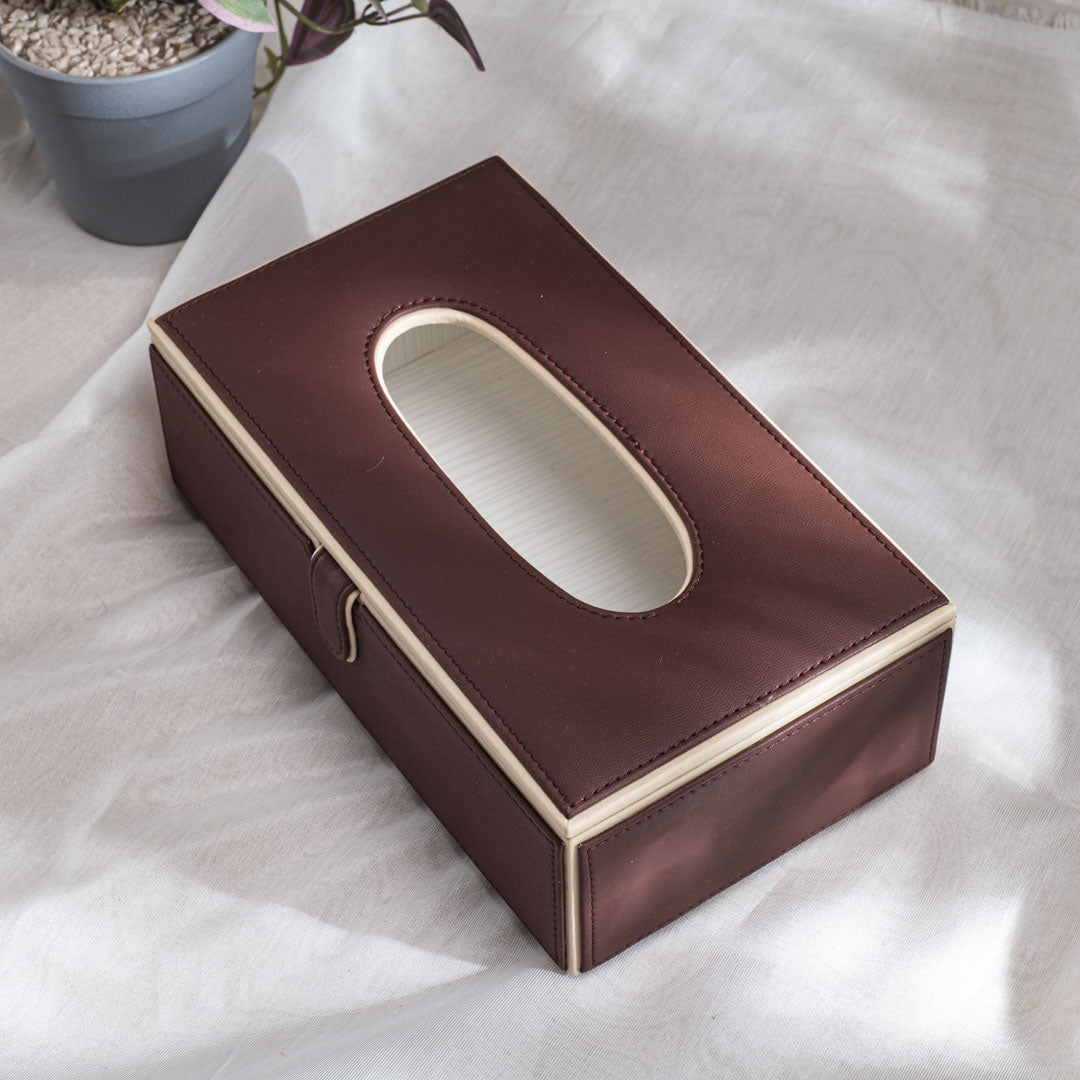 Brown Vegan Leather Tissue Box Holder – 24 × 14 × 8 cm