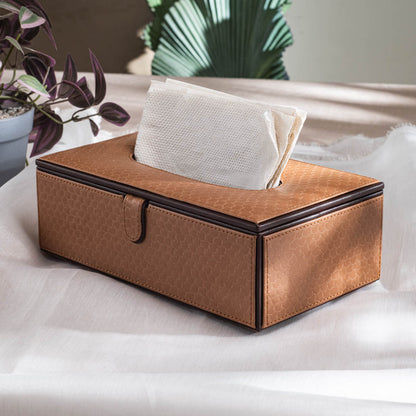 Textured Light Brown Vegan Leather Tissue Box Holder – 24 × 14 × 8 cm