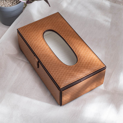 Textured Light Brown Vegan Leather Tissue Box Holder – 24 × 14 × 8 cm