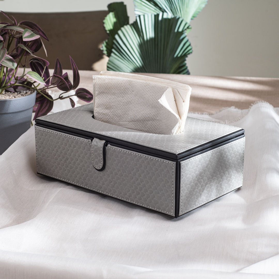 Grey Vegan Leather Tissue Box Holder – 24 × 14 × 8 cm