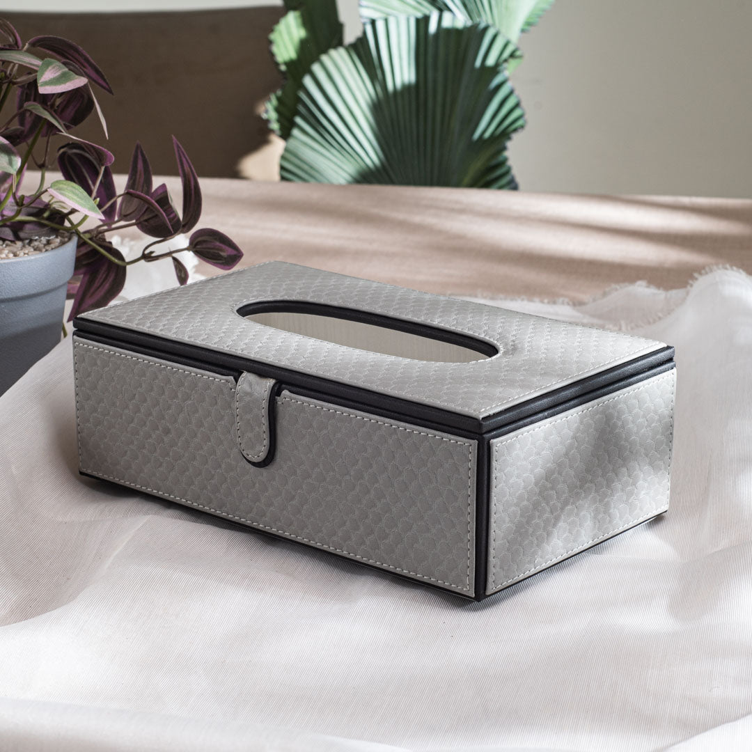 Grey Vegan Leather Tissue Box Holder – 24 × 14 × 8 cm